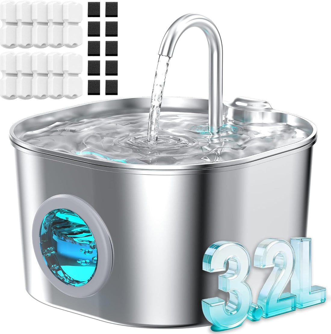 74oz Stainless Steel Cat Water Fountain with 8 Filters + 5 Sponges
