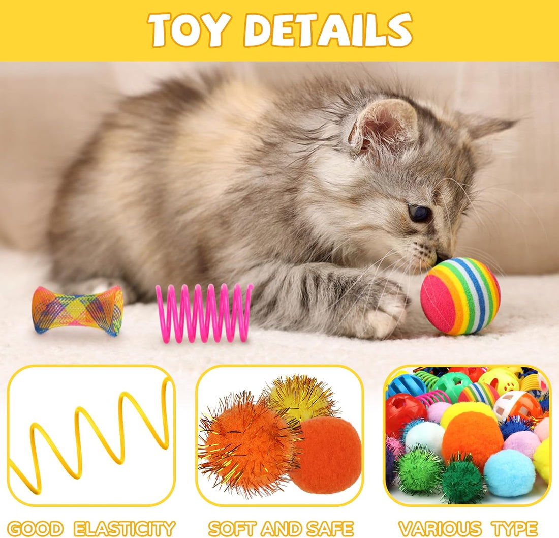 QUOZUO Kitten Toys, 60PCS Cat Balls Springs Toy Set, Cat Mouse Toy
