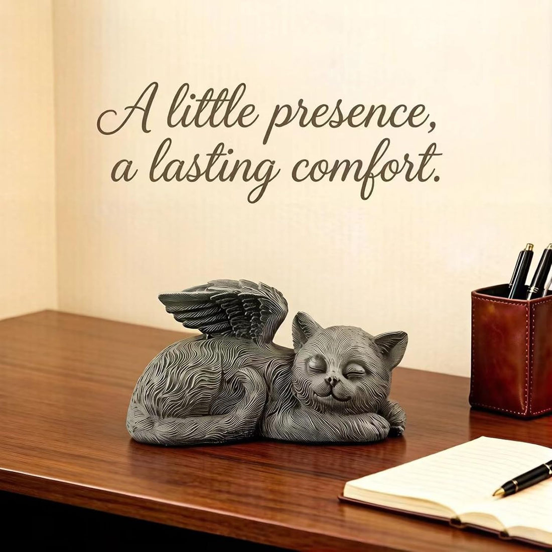 Sleeping Angel Cat Memorial Statue, Resin Figurine with Wings