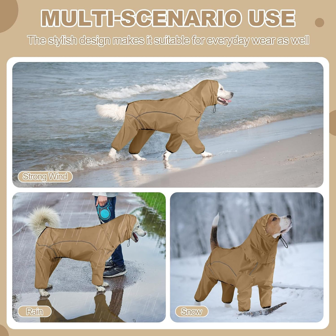 ADINIKIA Dog Raincoat,Waterproof Rain Jacket with Removable Hood,Khaki