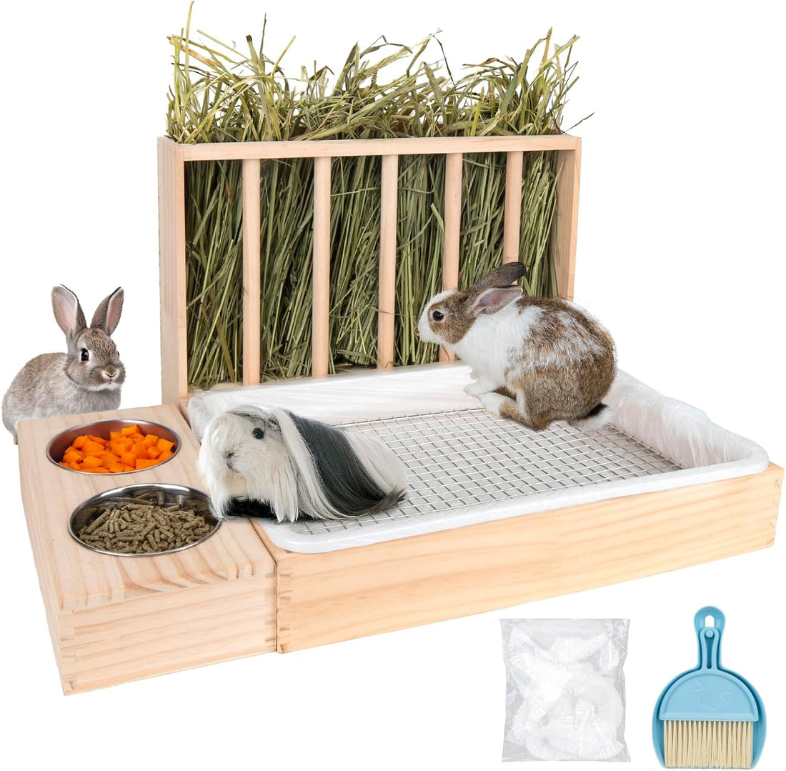 BESNEW 3 in 1 Rabbit Hay Feeder with Litter Box,Wooden Hay Feeder
