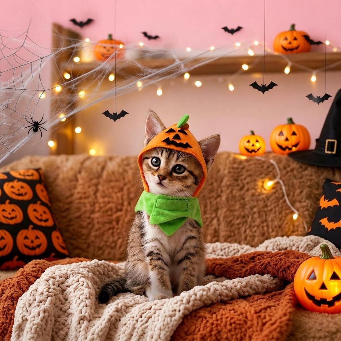 Idepet Cat Costume Halloween Pumpkin Hat Cats Costume Cute Cloak