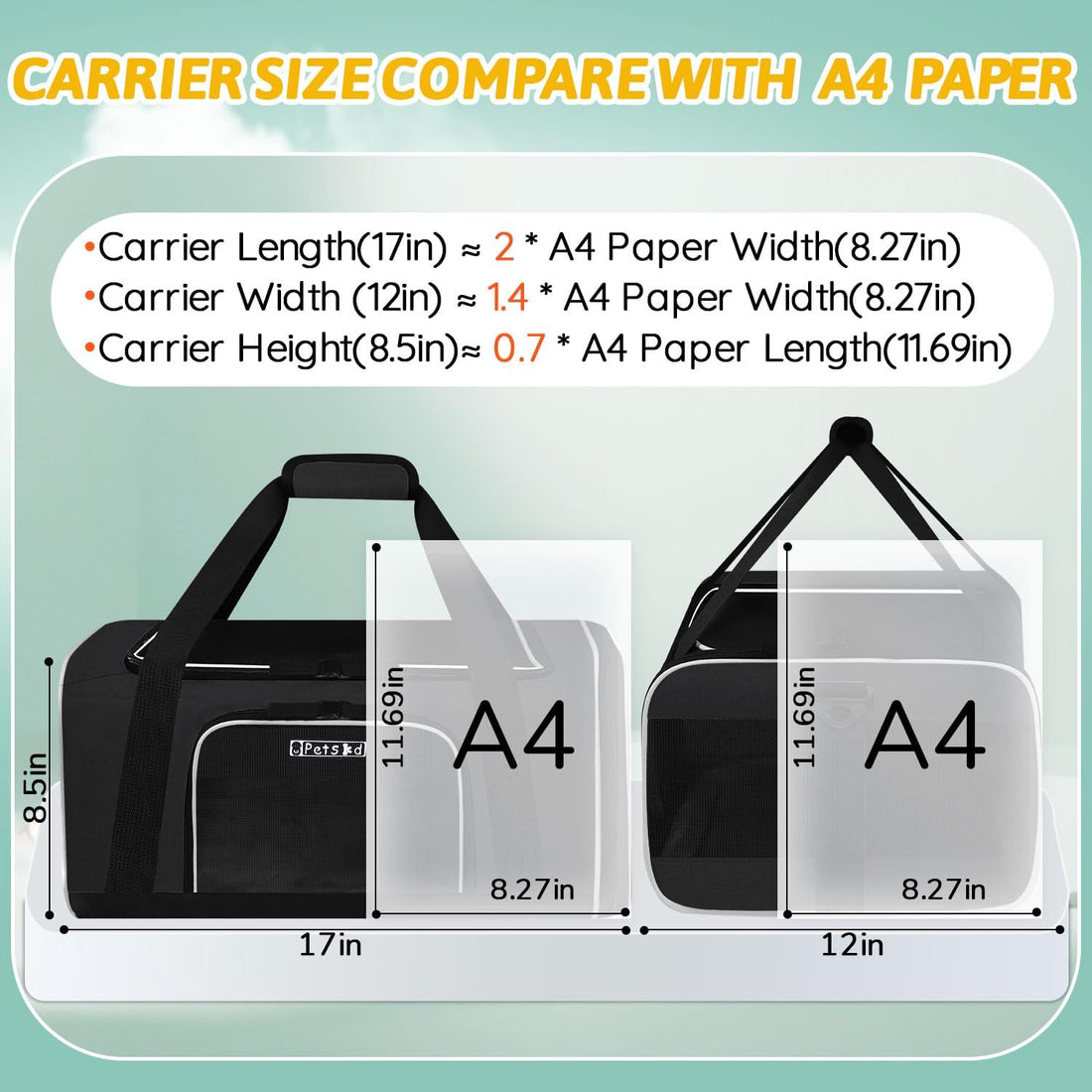Petskd Small Pet Carrier 17" L x 12" W x 8.5" H Airline Approved