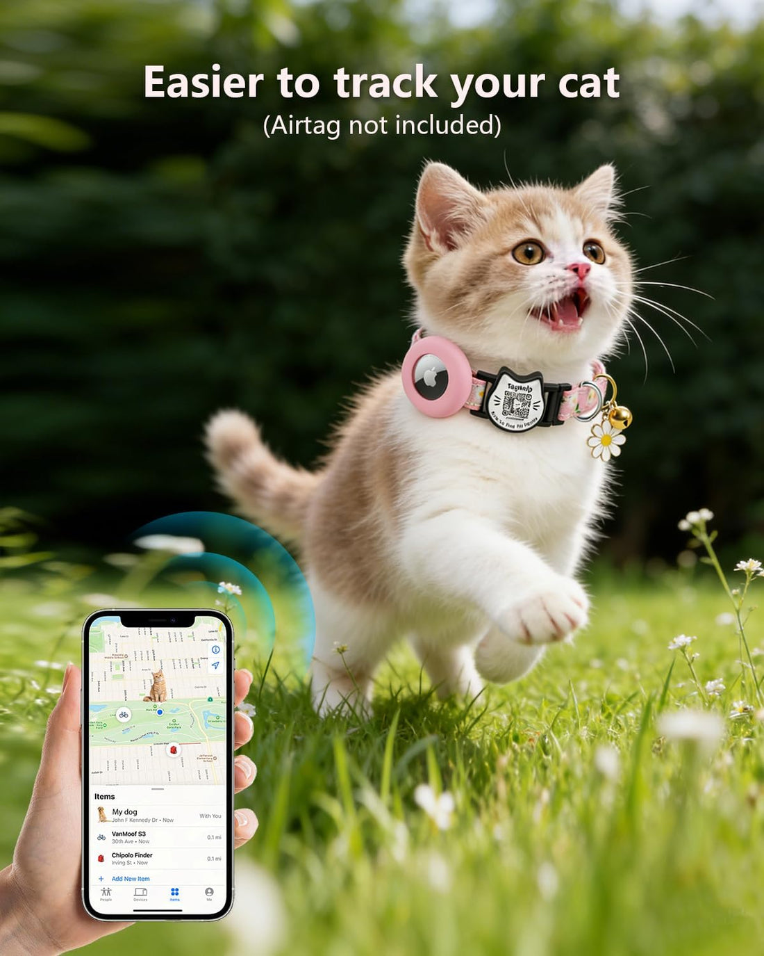 Flowers Pendant Cute Cat Collar with AirTag Holder,QR Code ID Tag