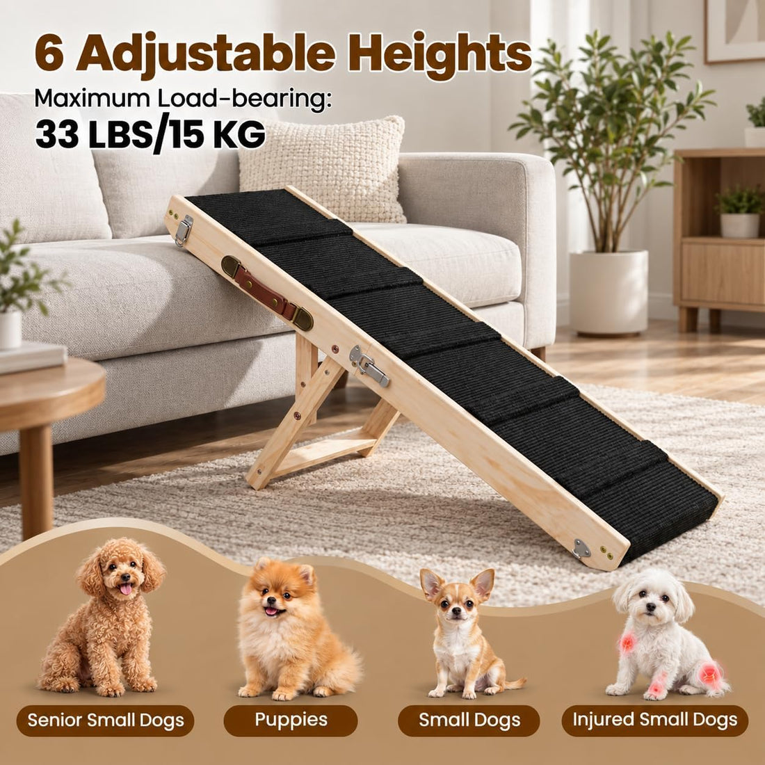 Dog Ramps for Small Dogs, 6-Level Adjustable Wooden Pet Ramp