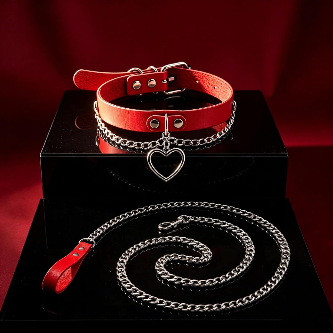 Long Chain Leash with Red PU Handle