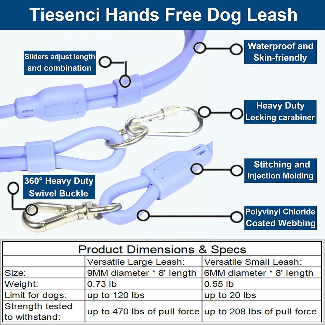 9-in-1 Hands Free Dog Leash Crossbody/Waist Purple Small Dogs
