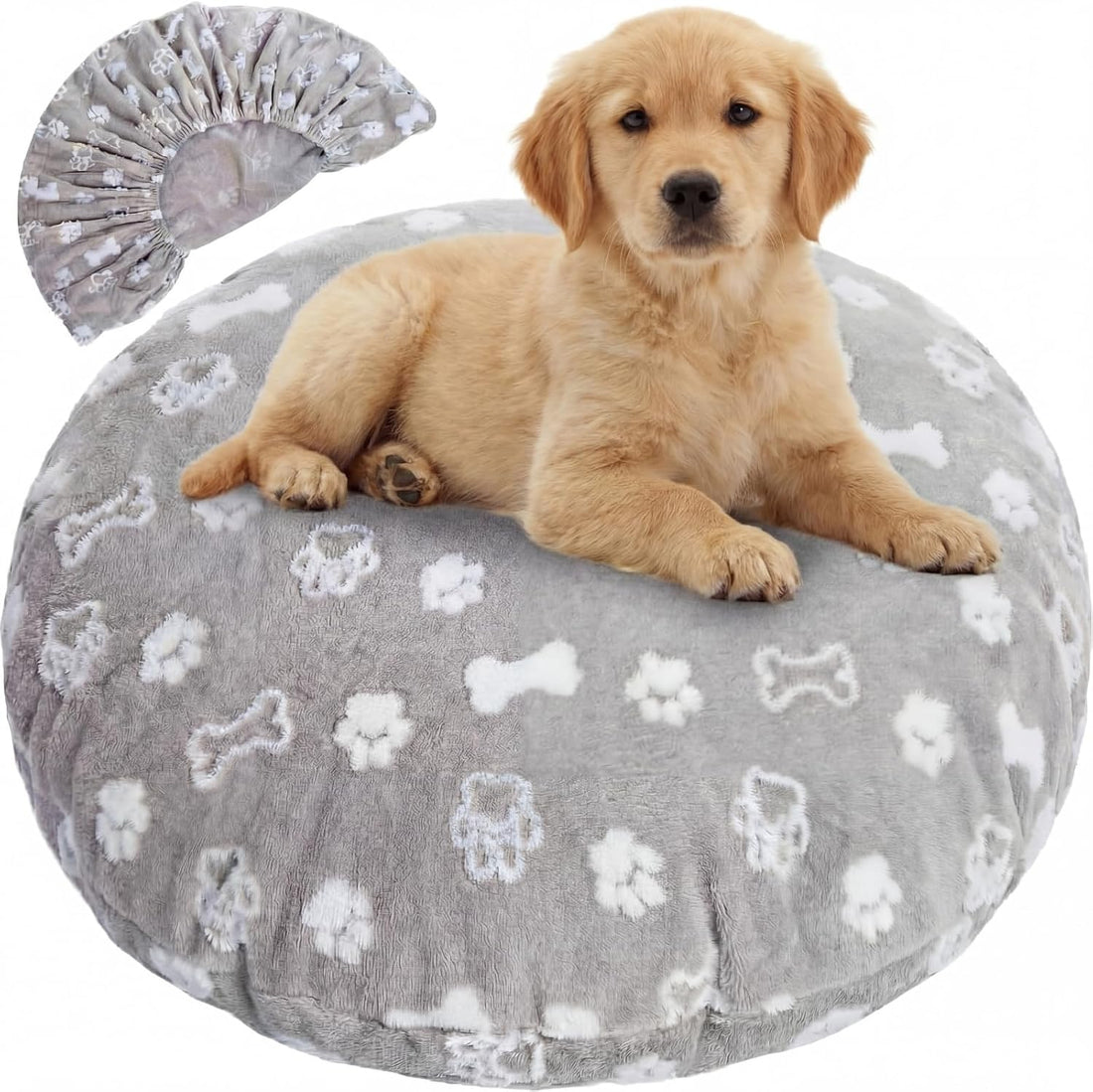 Oudain Washable Round Dog Bed Cover 30 x 30 x 10 Gray Paw Bone Prints