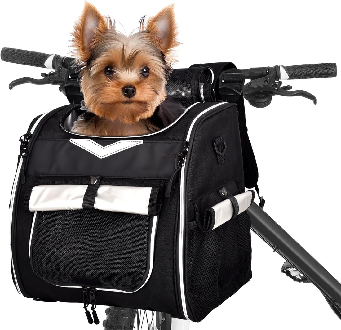 Dog Bike Basket, Foldable Pet Bike Carrier Backpack with Safety Strap