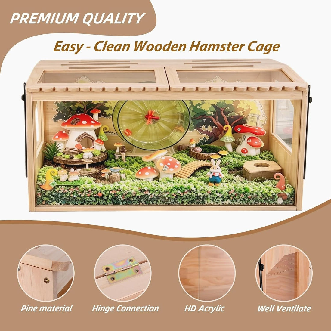 Wooden Hamster Cage,32"x16"x16"Large Hamster Cage,2 Washable Liners