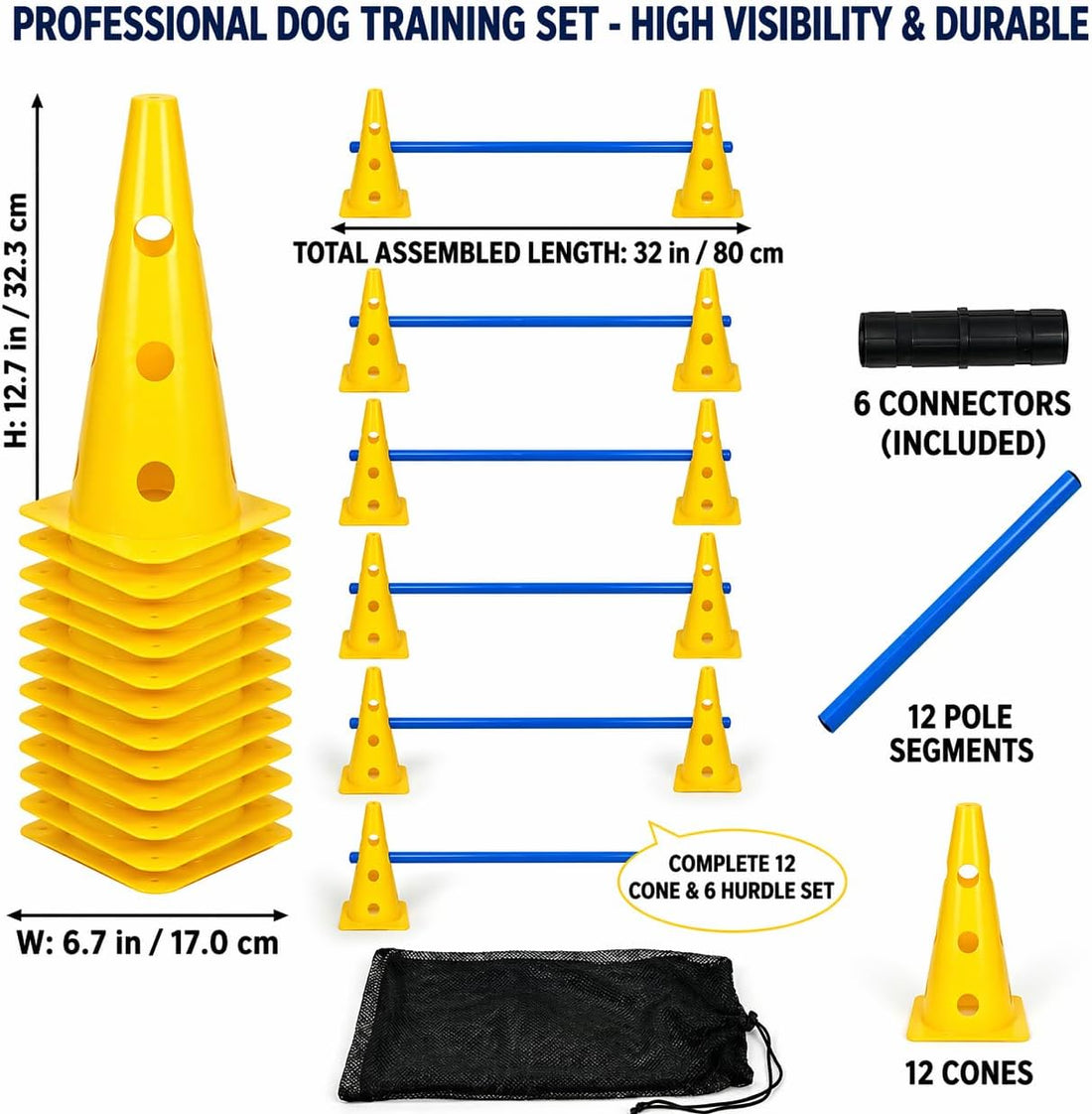 Dog Agility Equipment Set, 6 Adjustable Hurdles with 12 Cones