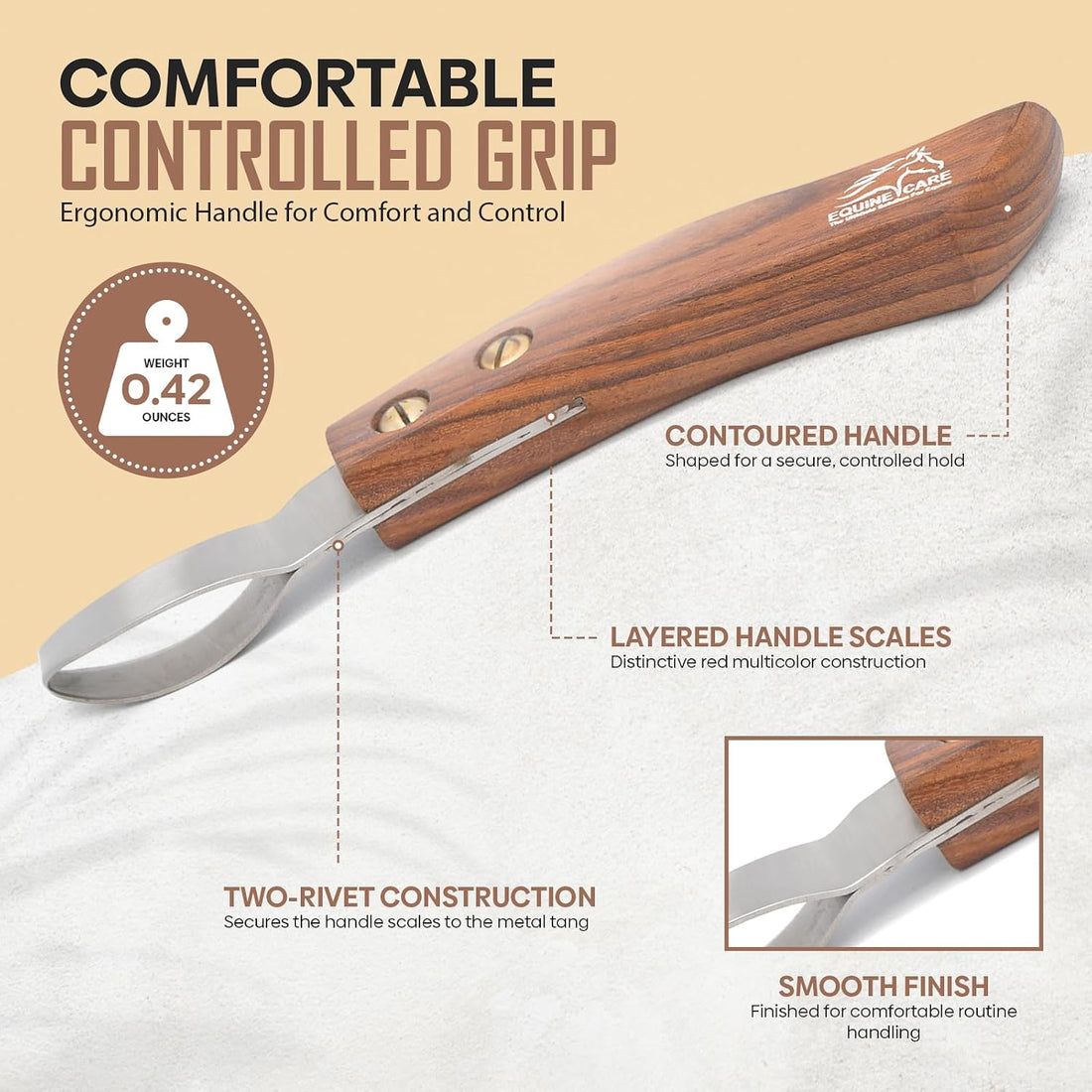 Equine Care Farrier Loop Hoof Knife, J2 Stainless Steel, Wood Handle