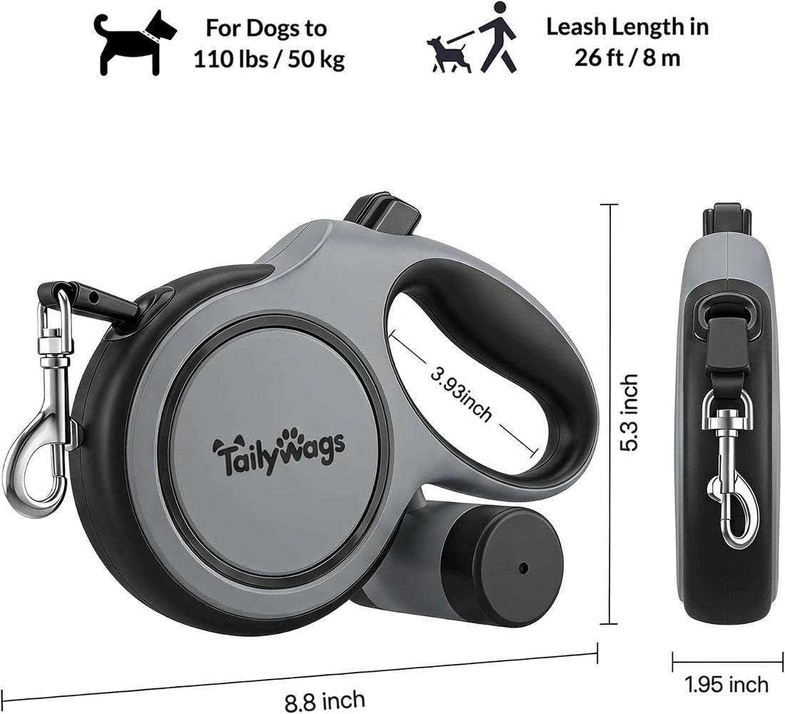 Retractable Dog Leash 26ft for Large Dogs up to 110lbs, Gray