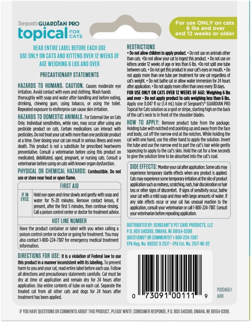 Sergeant's Guardian PRO Flea & Tick Topical Cats 6 lbs+, 3-Month