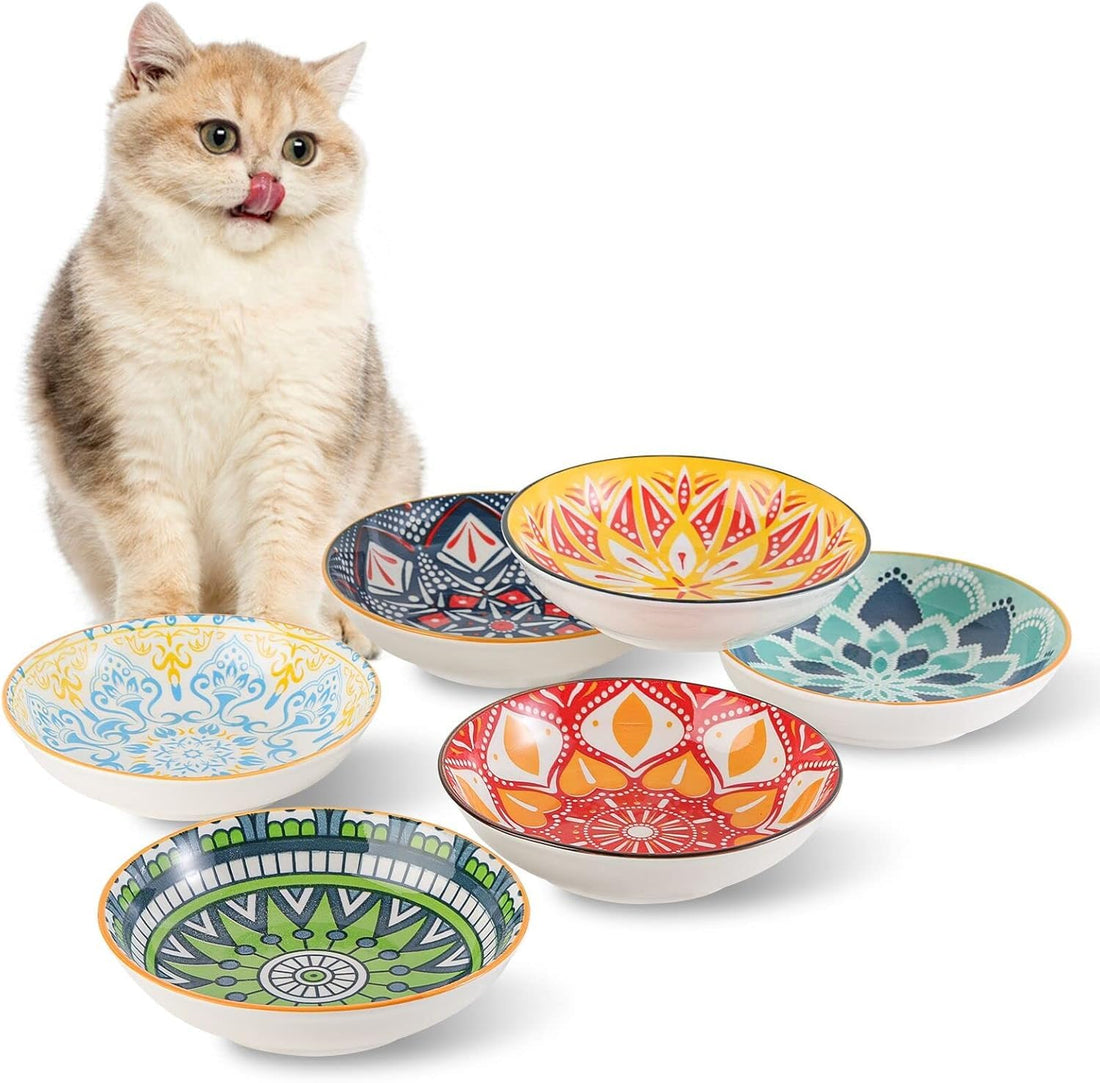 Ceramic Cat Bowls Set of 6 - Colorful Cute Shallow Cat Dishes