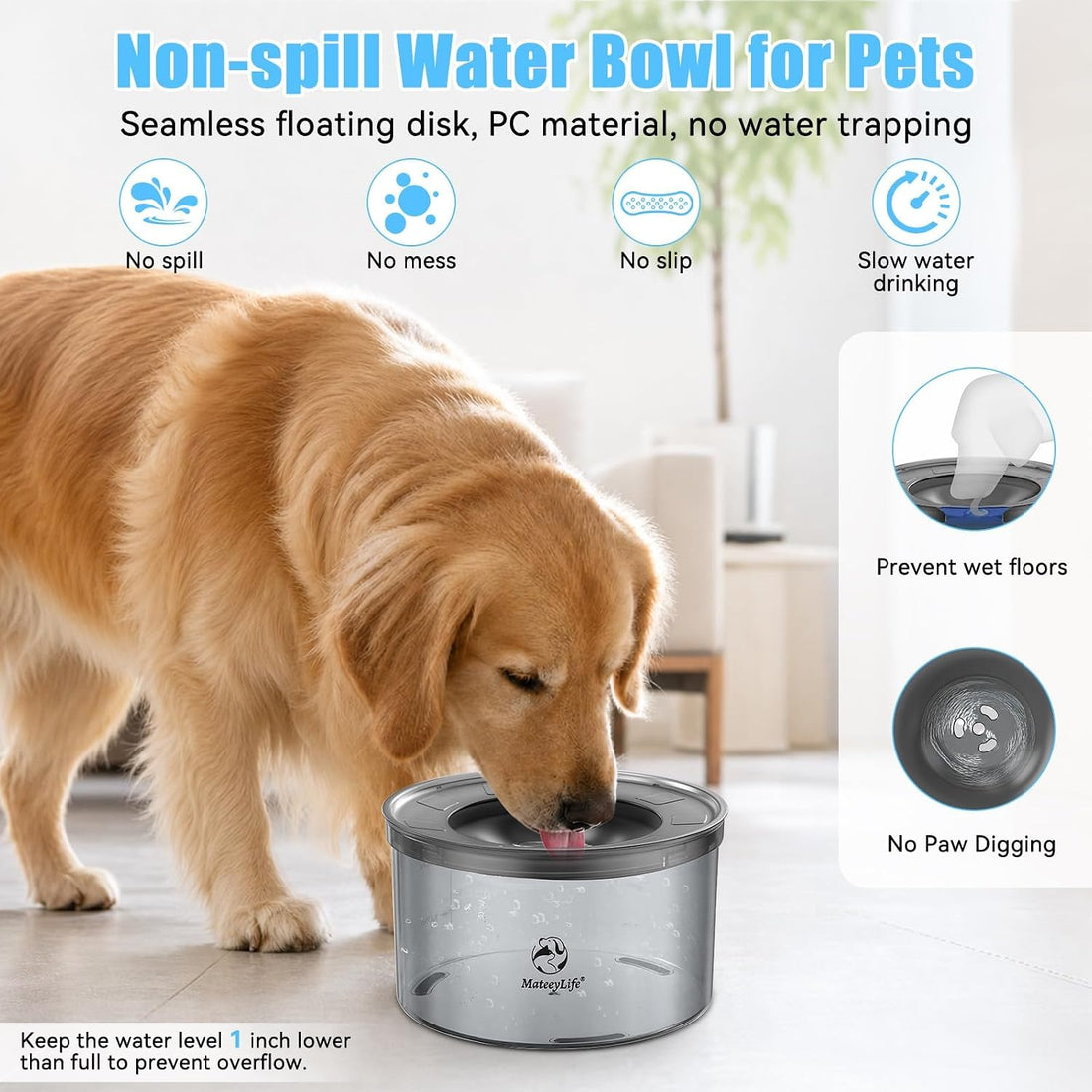 MateeyLife 1 Gallon Dog Water Bowl No Spill 3.8L Large Capacity Slow