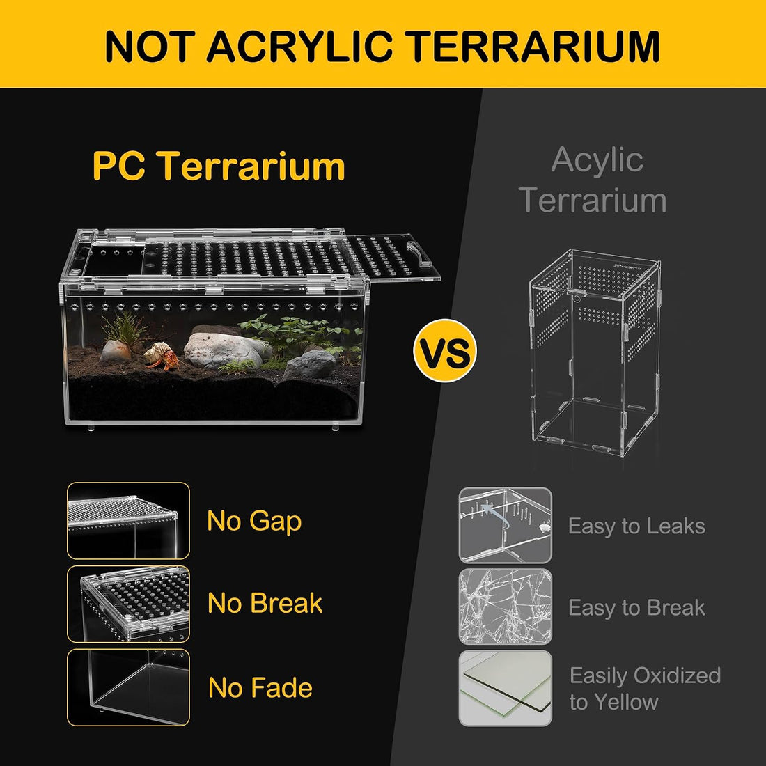 Reptile PC Tank,Escape Proof Magnetic Lid Tarantula Enclosure Large