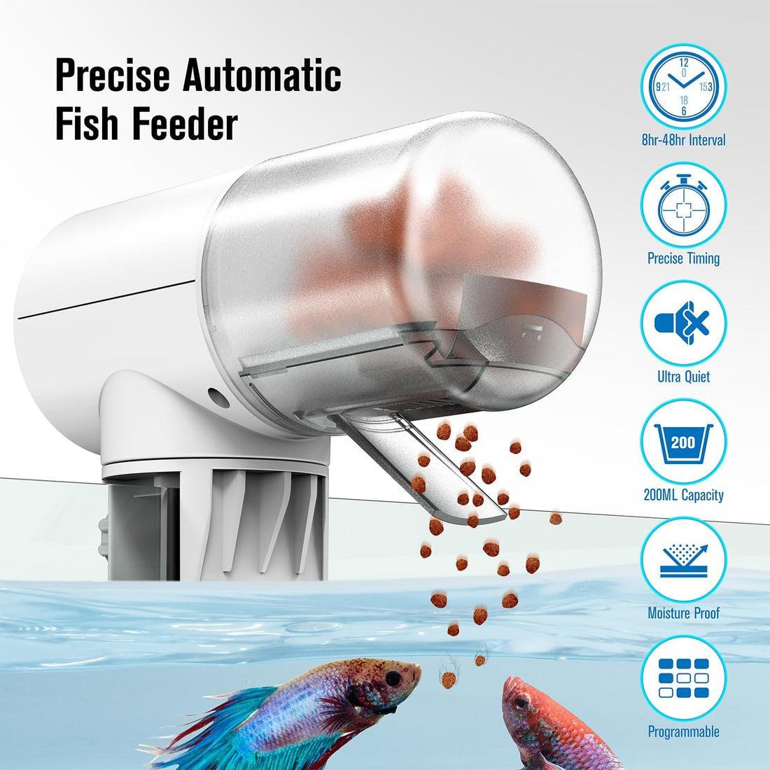 Automatic Fish Feeder Dispenser for Aquarium, 200ml Large Capacity