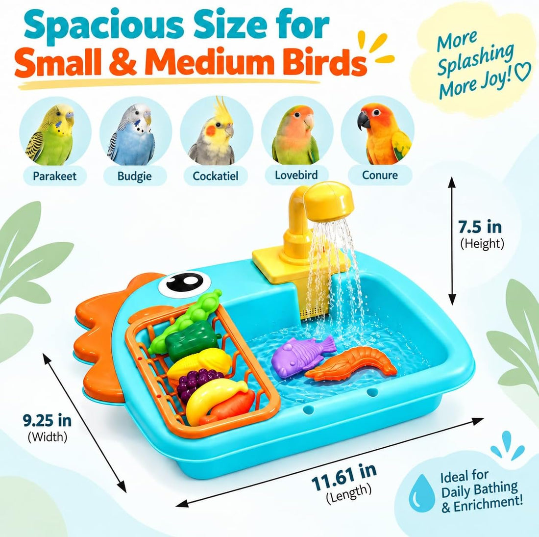 Automatic Bird Bath with Faucet for Parakeet, Budgie