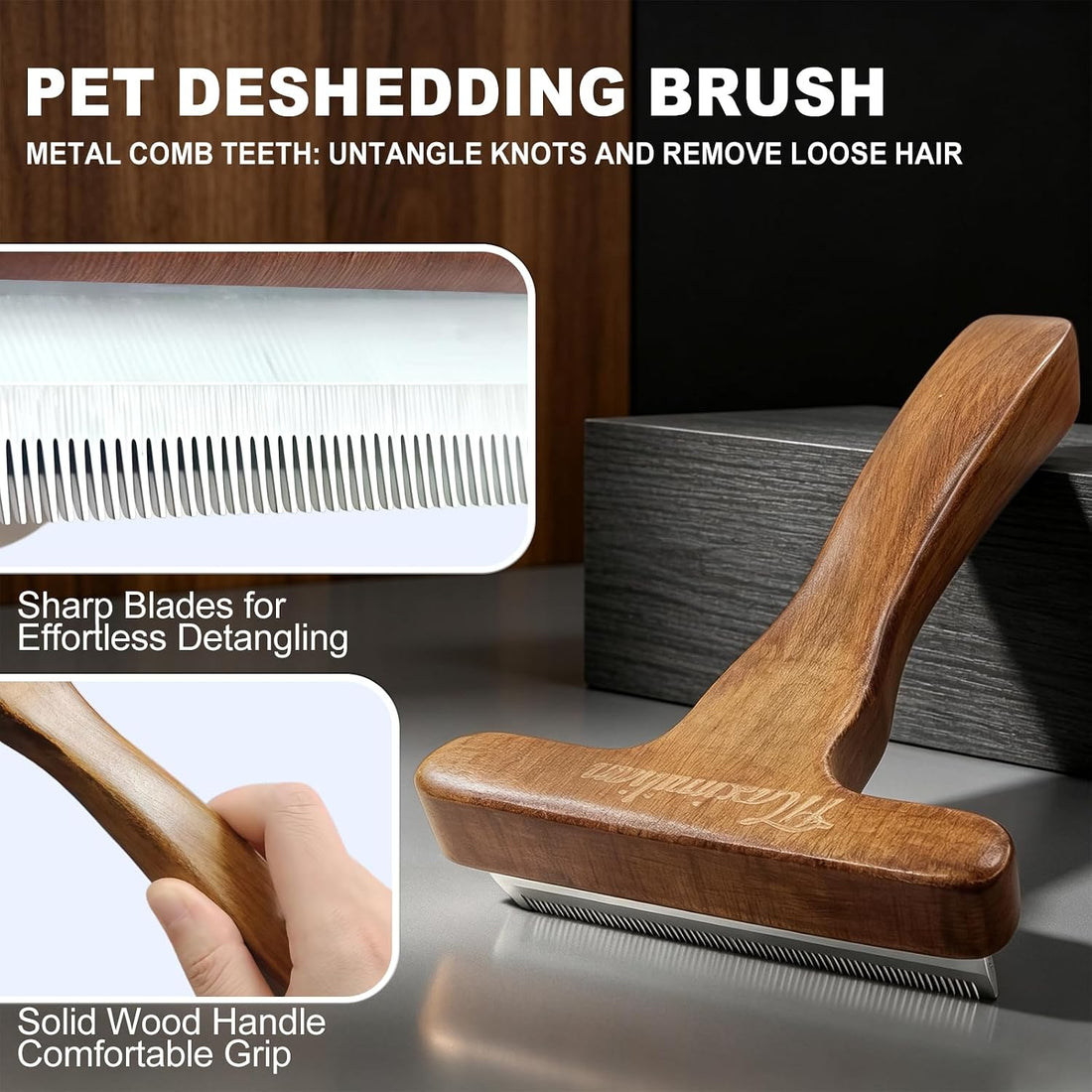 MaximiLian Medium T-Shaped Deshedding Dog Brush with Solid Wood Handle