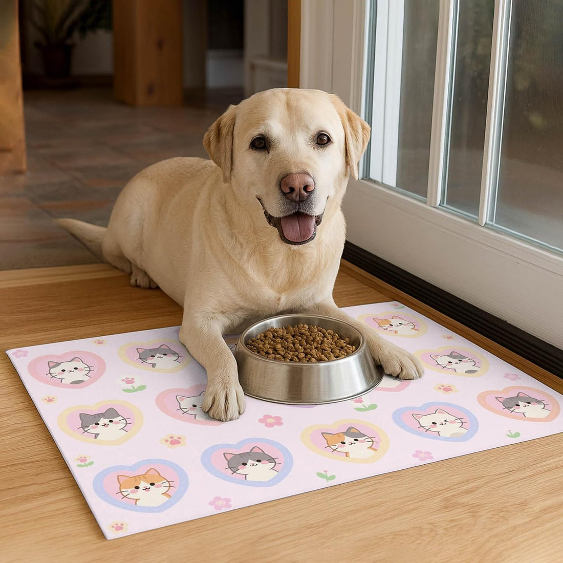 HOMETITUTE Cat Feeding Mat Pink Heart Kitten Bowl Placemat 20 x 12