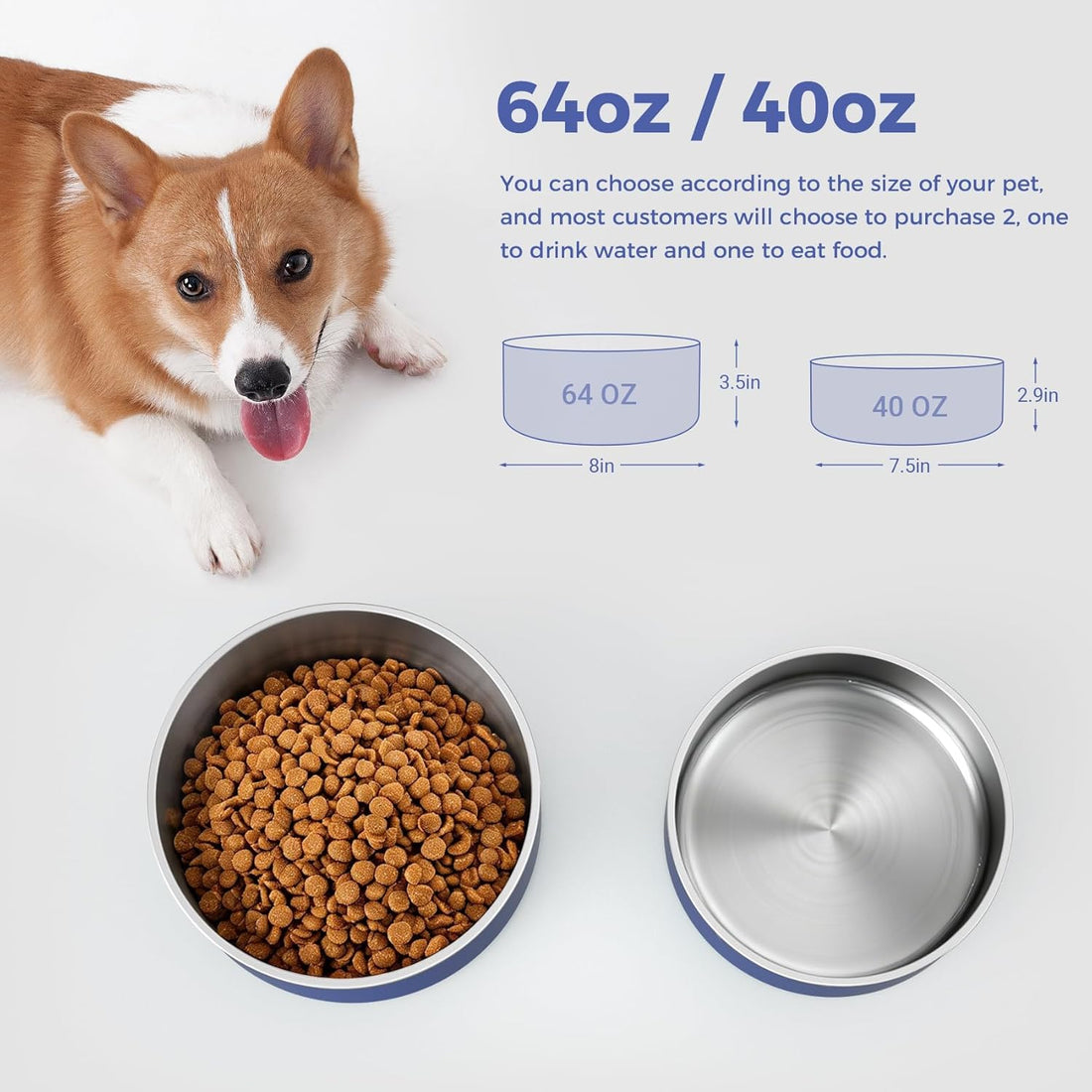 WENBOKMIN Dog Bowl, Stainless Steel Food and Water Bowl, 40oz, Blue