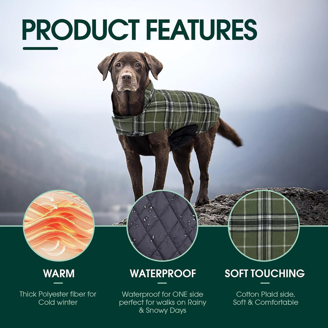 Kuoser Waterproof Dog Coat, Warm Reversible Dog Jacket with Leash Hole