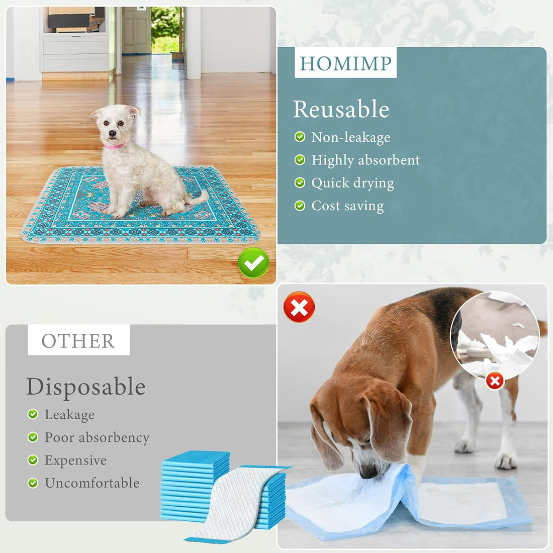 Homimp Washable Pee Pads for Dogs, 4 Pack Reusable Puppy Pads