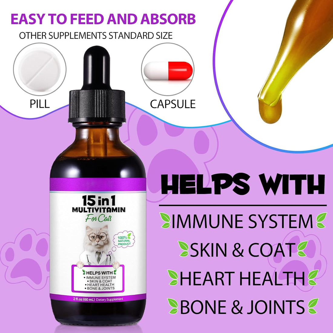 Cat Multivitamin Drops - 15 in 1 Vitamin Supplement for Immune Support