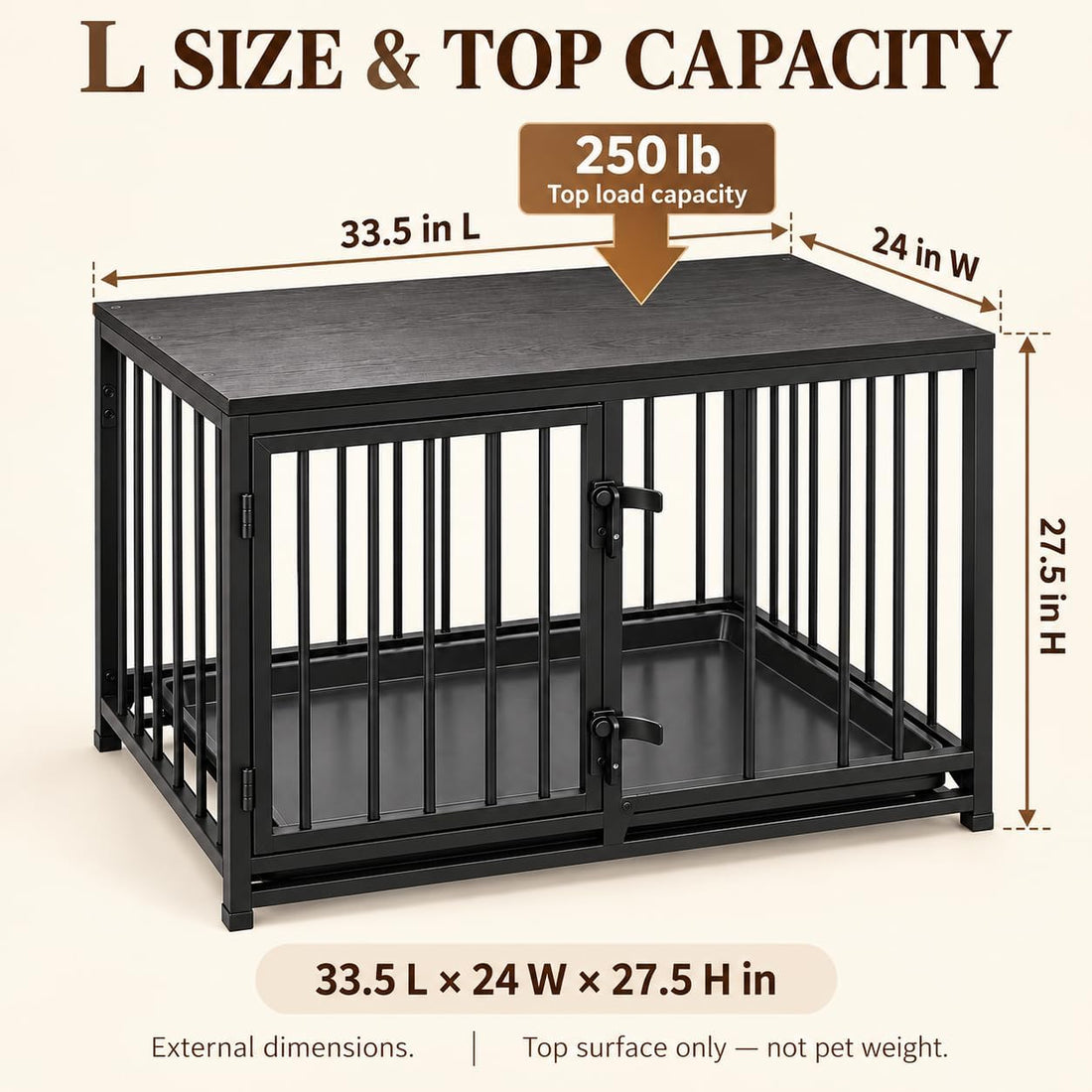 Dog Crate Furniture, 33.5" Metal Dog Kennel, Wood Tabletop