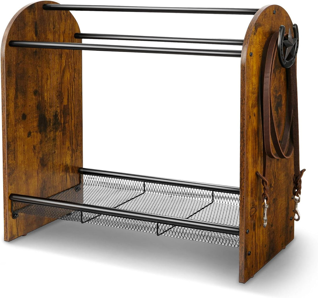 Saddle Rack Stand, Freestanding Horse Saddle Holder with Mesh Shelf