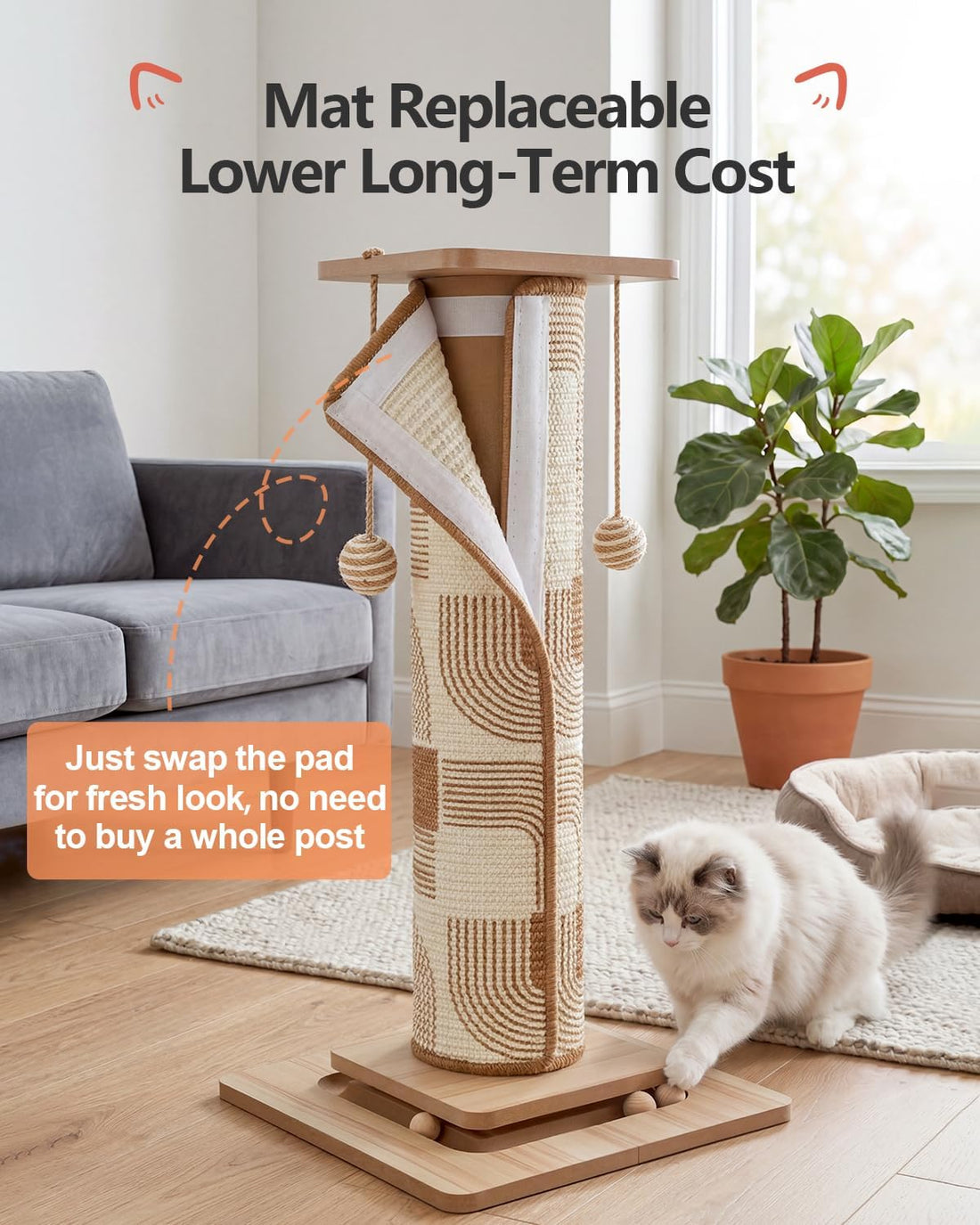 Odoland 31" Tall Large Cat Scratching Post with Replaceable Scratcher