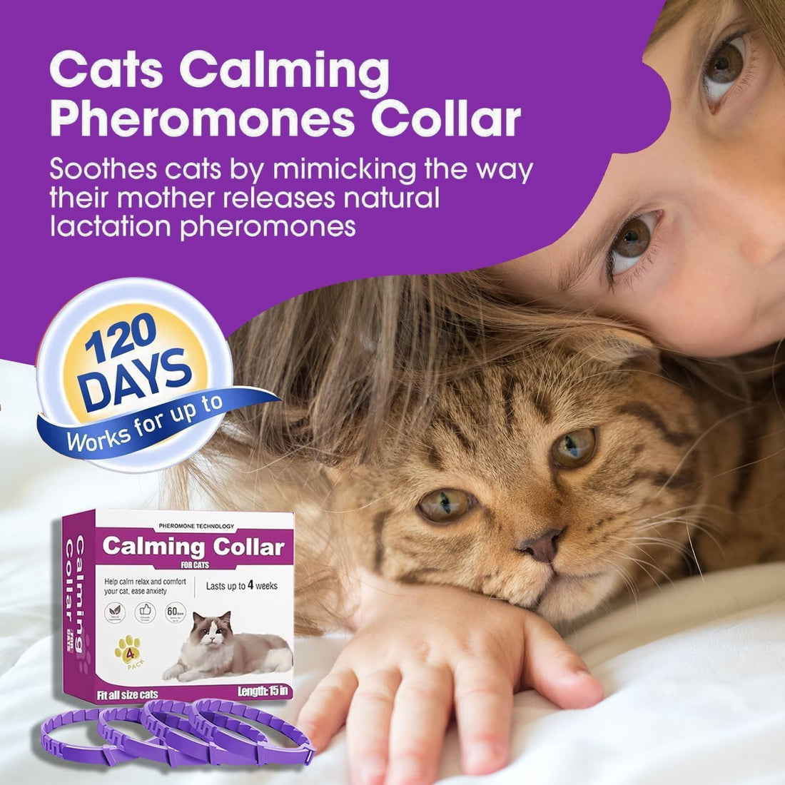 Cat Calming Collars, 4 Pack, 15-Inch Adjustable, Up to 60 Days