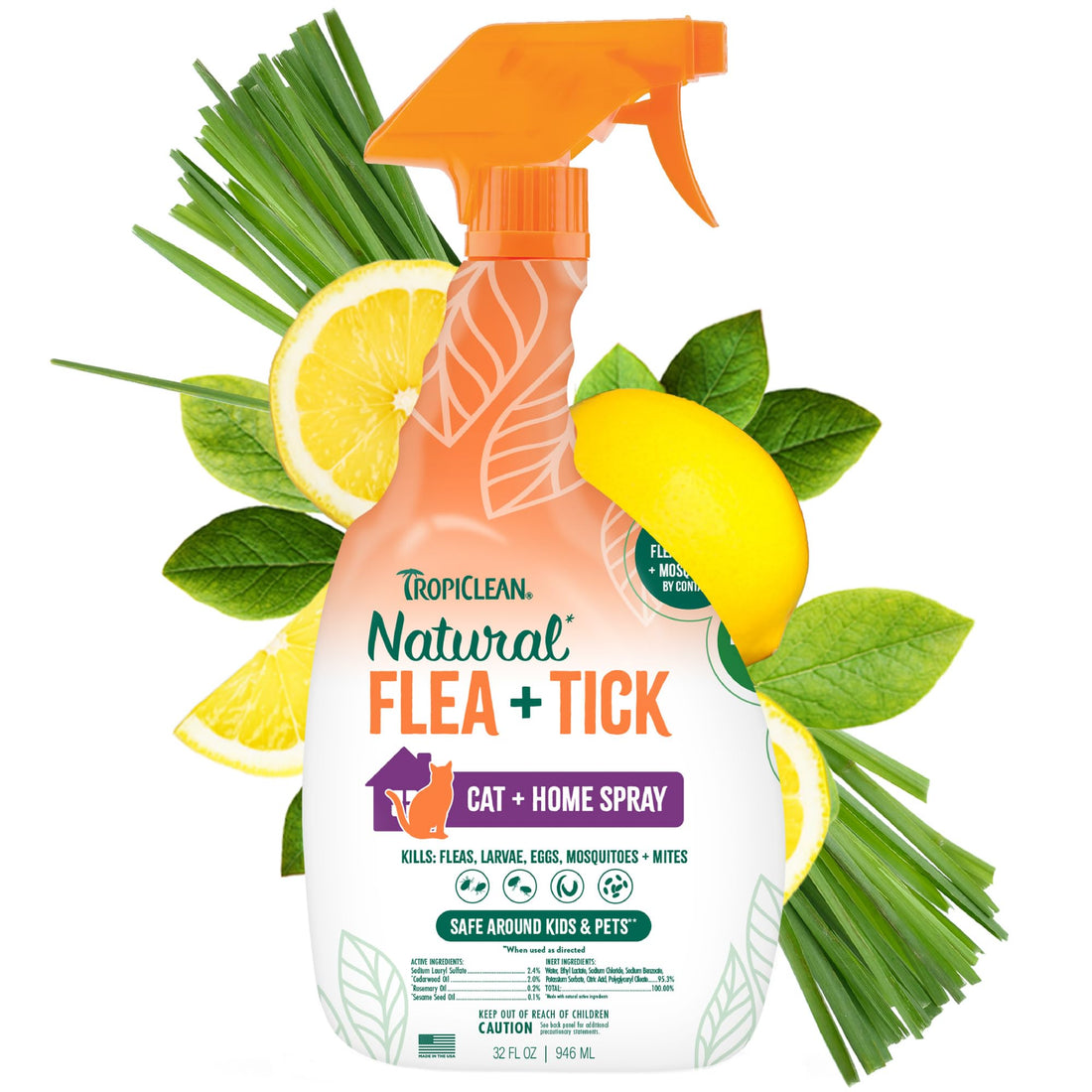 TropiClean Flea and Tick Treatment Spray for Cats & Home, Safely Treat