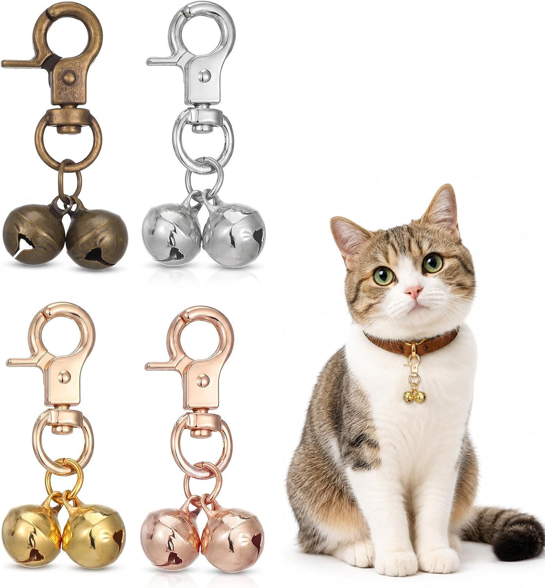 4Pcs Bell for Cat Collar, Pure Copper Cat Bell with Snap Clips