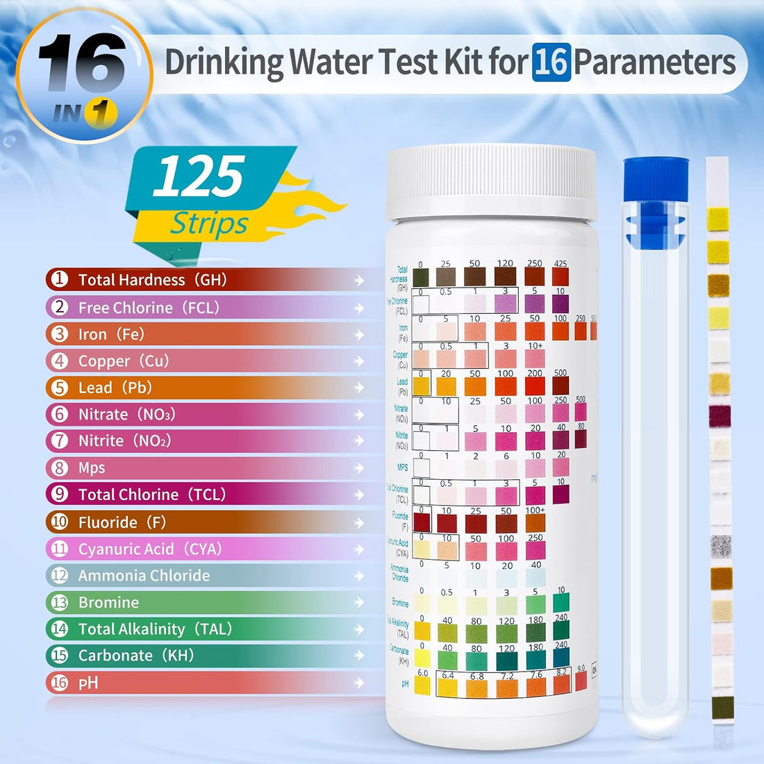 16 in 1 Water Test Kit with 125 Test Strips for Home Water Quality