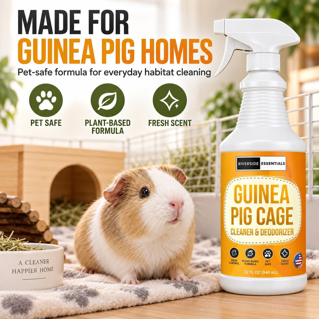 Guinea Pig Cage Cleaner & Deodorizer Spray, 32oz – Made in USA