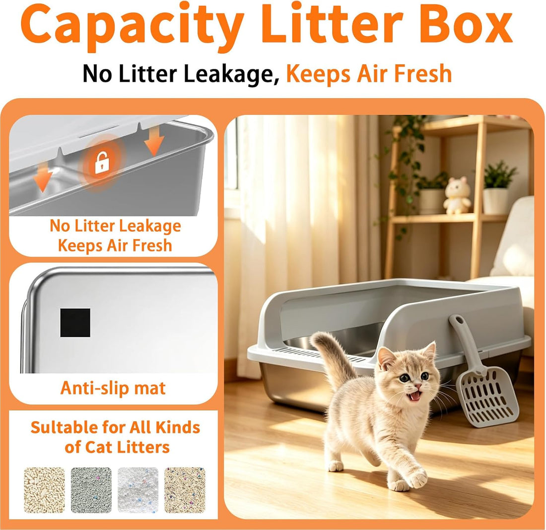 Stainless Steel Litter Box, Covered with Lid, 17.3x13.4x7.9in