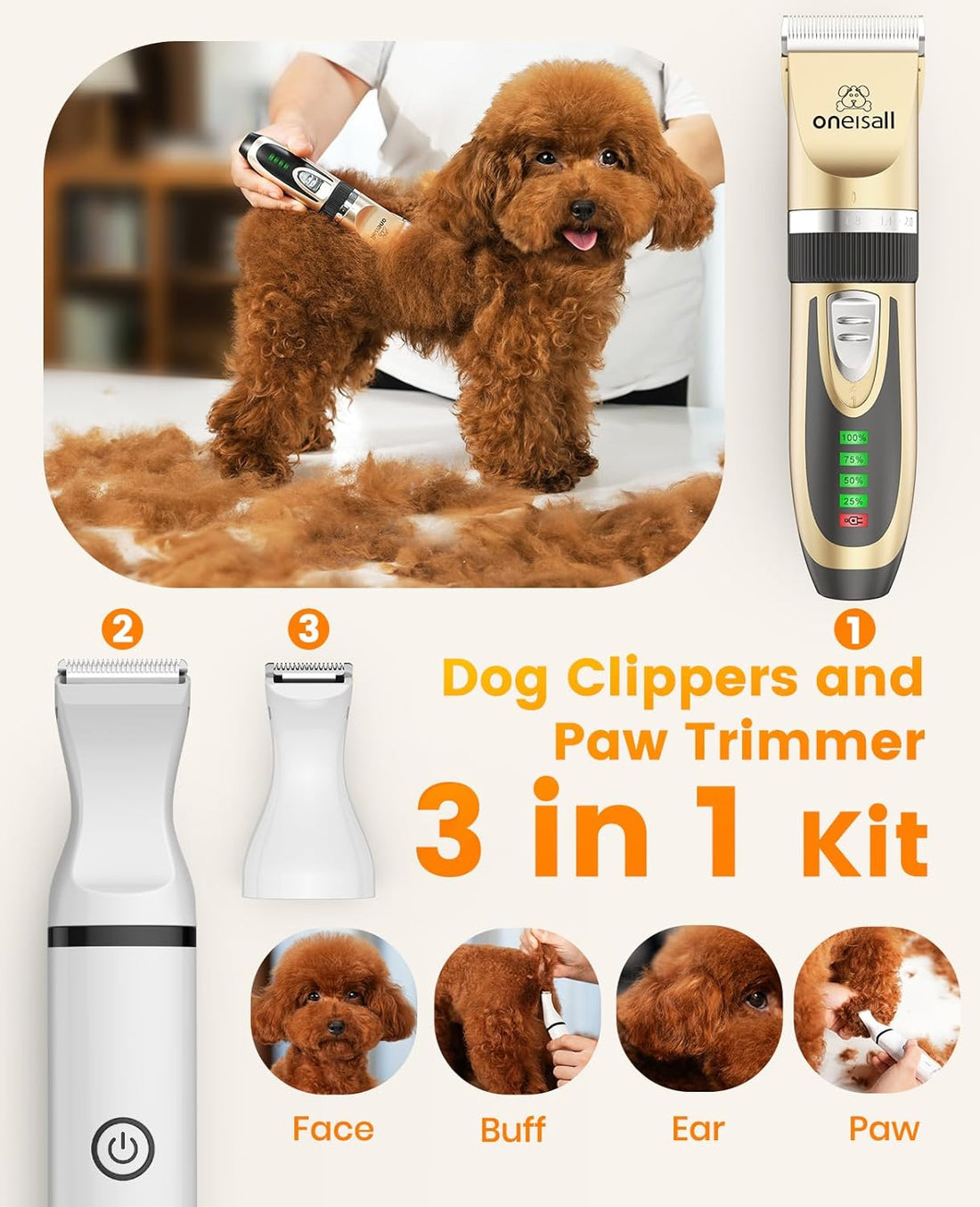 oneisall Dog Clippers and Paw Trimmer Kit 2 in 1 Low Noise Cordless