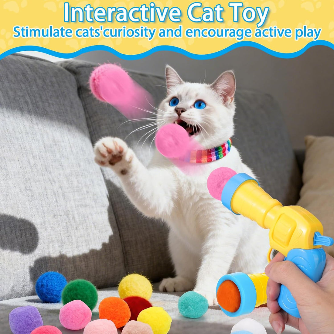 Mity rain 102PCS Cat Ball Launchers & Pom Pom Balls Interactive Cat