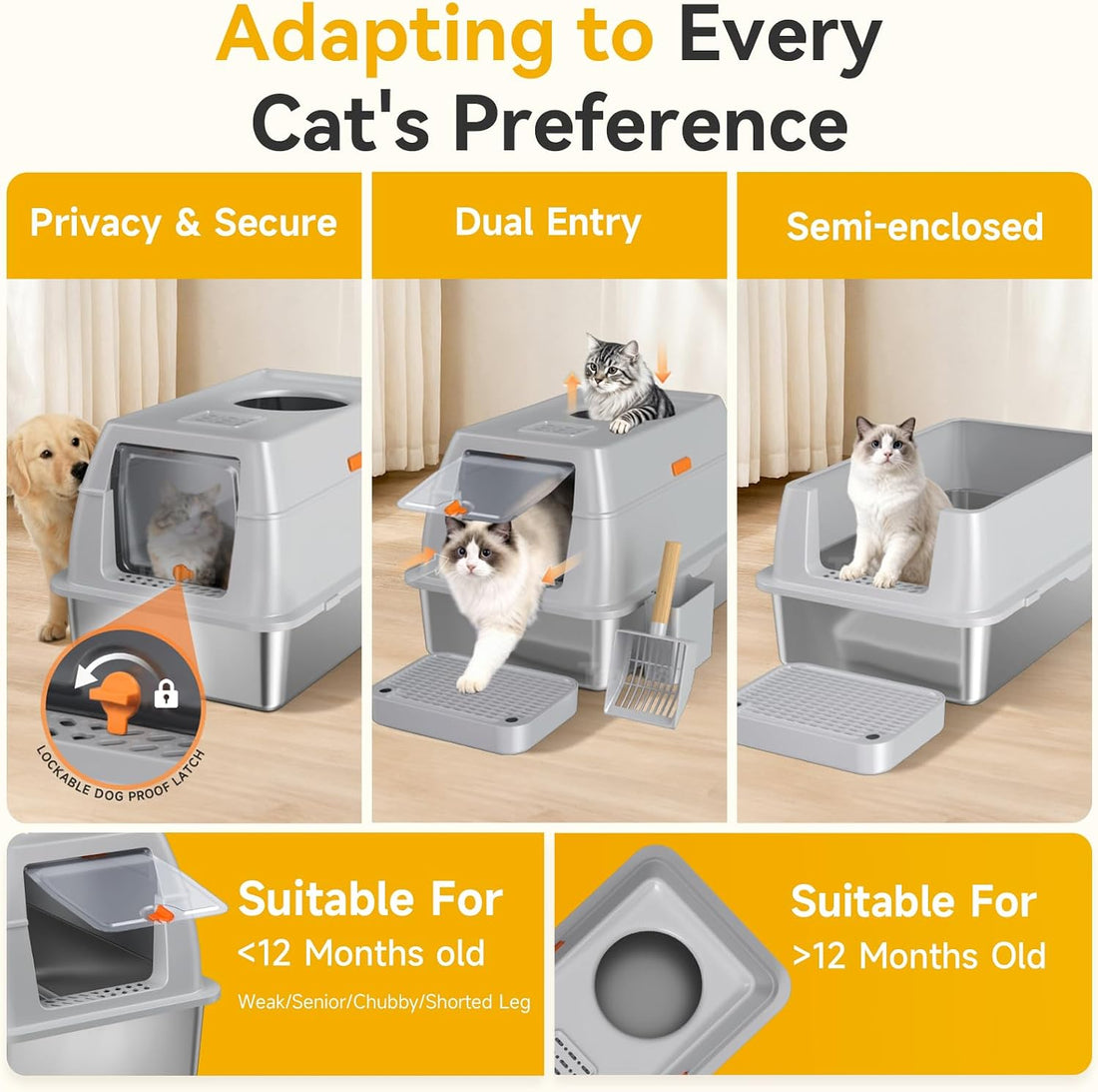 XL Enclosed Stainless Steel Litter Box with Lid, Light Gray