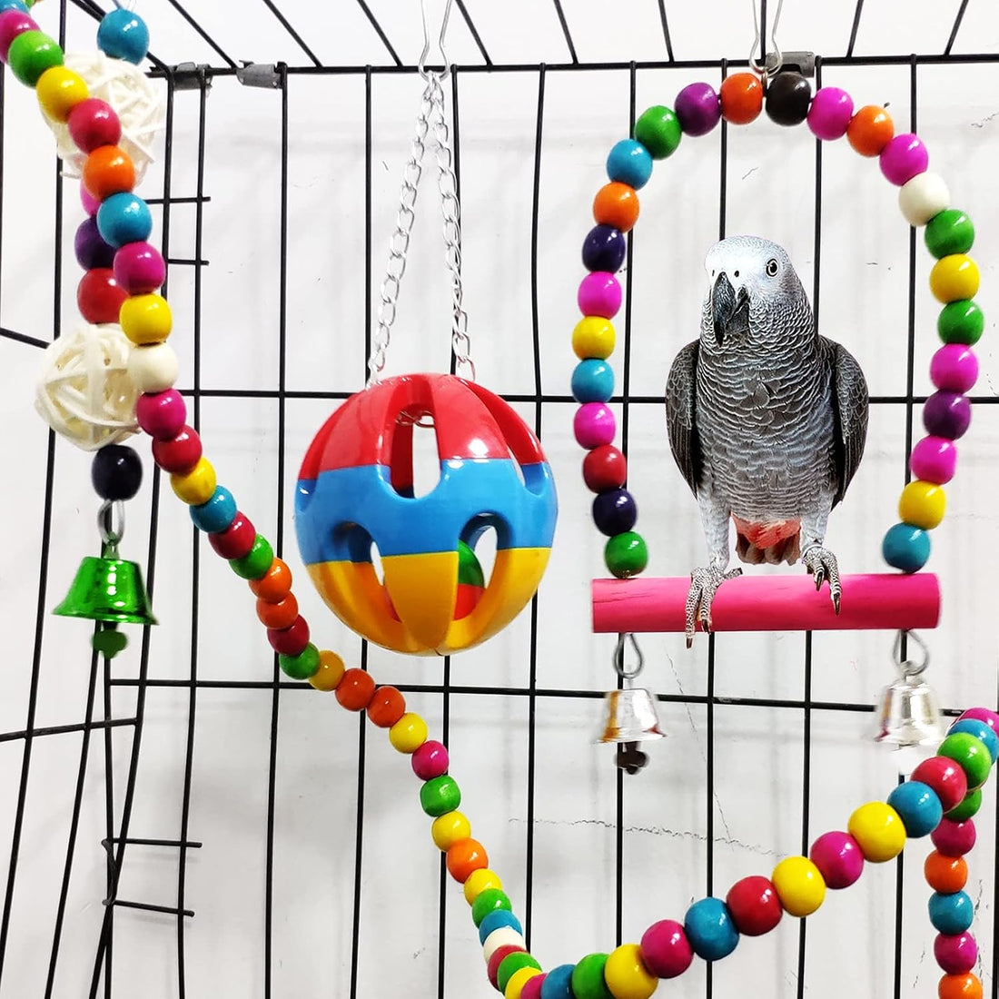Hamiledyi Bird Parrot Swing Chewing Toy Set 15PCS Wooden Hanging Bell