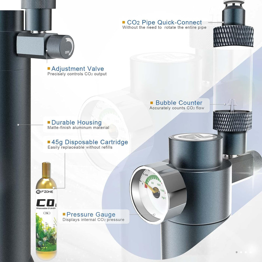 FZONE Desktop Aquarium CO2 System,45g CO2 Cartridge,5/8" & 3/8"