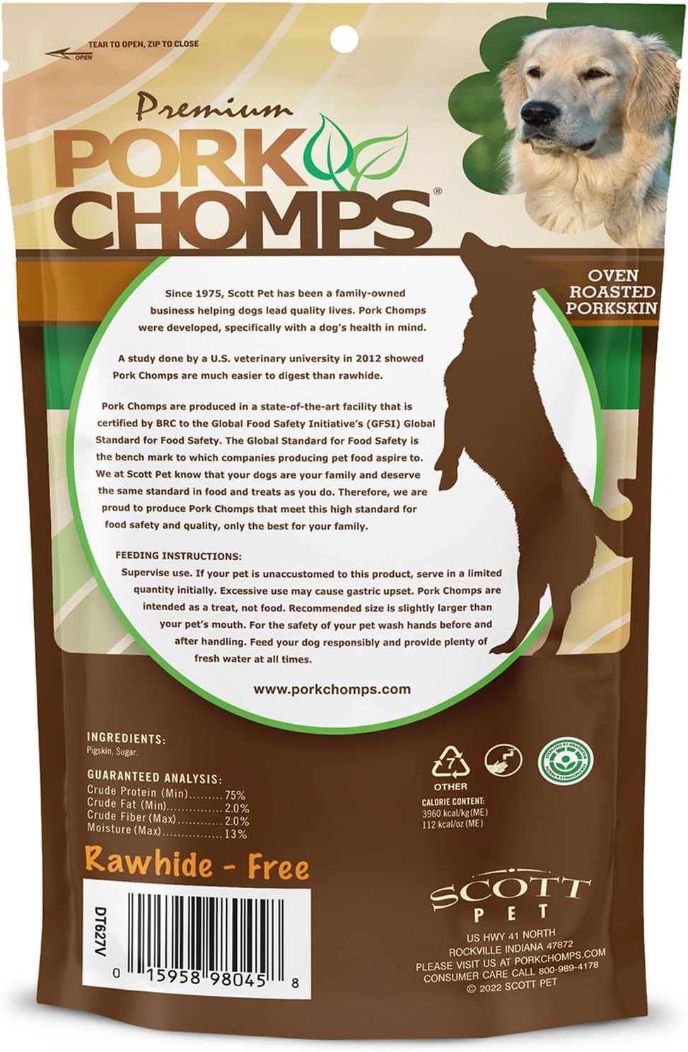 Pork Chomps Roasted Pressed Pork Skin Dog Chews, 4.5-inch Bone