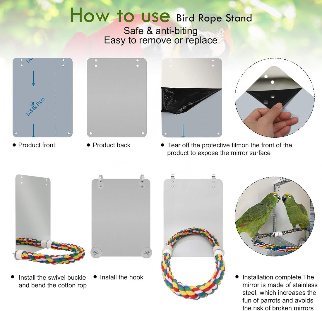 BWOGUE 7 Inch Bird Mirror with Rope Perch Cockatiel Mirror for Cage