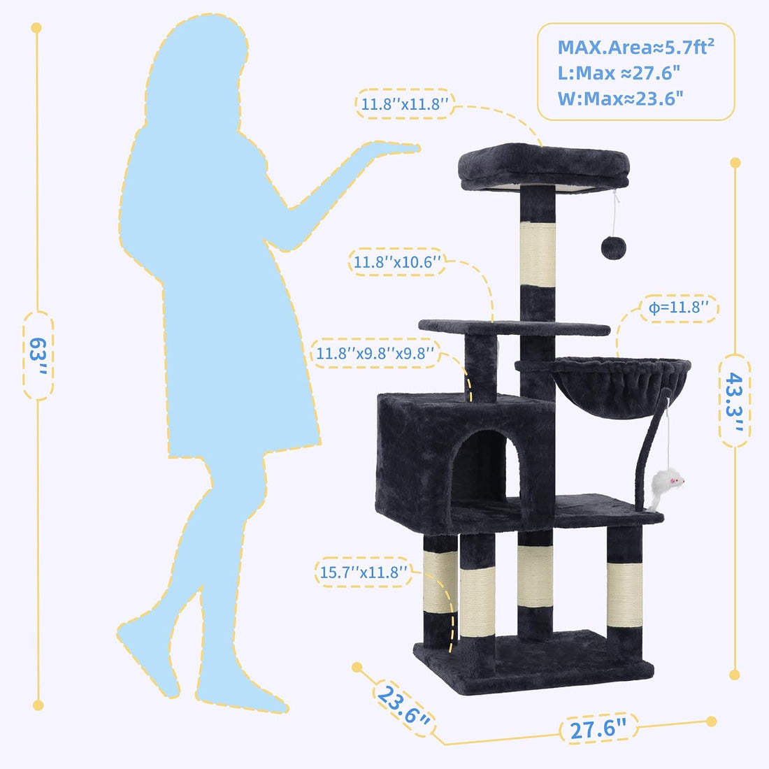 Heybly Cat Tree with Toy, Cat Tower condo for Indoor Cats