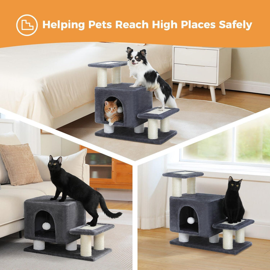 3-in-1 Cat Stairs with Scratching Post & Condo, Pet Steps