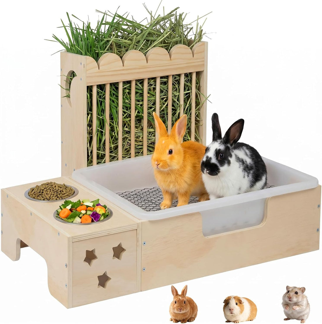 3-in-1 Wooden Rabbit Hay Feeder with Litter Box for Rabbits & Small