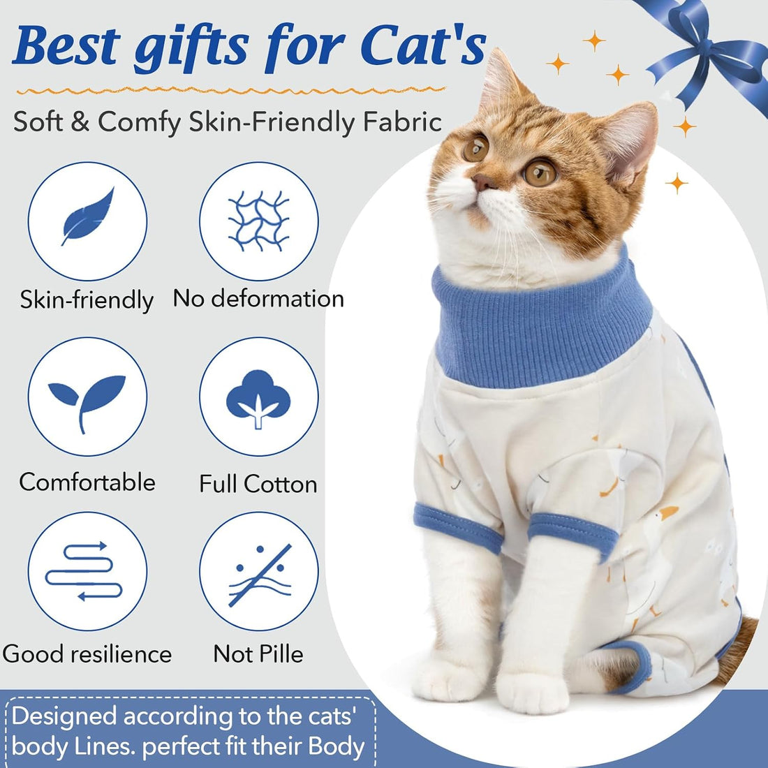 DENTRUN Cat Surgery Recovery Suit Female Male Soft Onesie