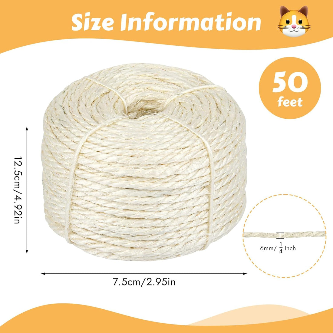 164 Ft Sisal Rope for Cat Tree, 1/6 Inch Natural Twine, Natural Color